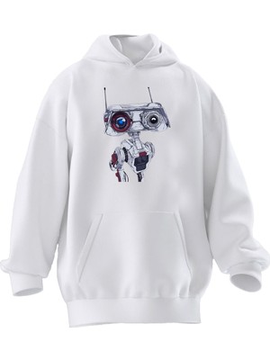 Nmg Tekstil Unisex Premium Pamuk Beyaz Robot Köpek Baskılı 3 Iplik Kapüşonlu Sweatshirt