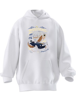 Nmg Tekstil Unisex Premium Pamuk Beyaz  Mustang Poster Baskılı 3 Iplik Kapüşonlu Sweatshirt