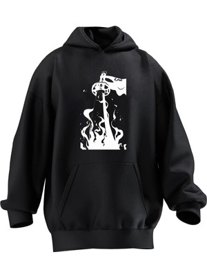 Nmg Tekstil Unisex Premium Pamuk Siyah Samuray Kılıç Baskılı 3 Iplik Kapüşonlu Sweatshirt