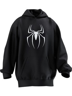 Nmg Tekstil Unisex Premium Pamuk Siyah  Örümcek Çizim Baskılı 3 Iplik Kapüşonlu Sweatshirt