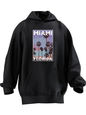 Nmg Tekstil Unisex Premium Pamuk Siyah  Miami Florida Çizim Baskılı 3 Iplik Kapüşonlu Sweatshirt