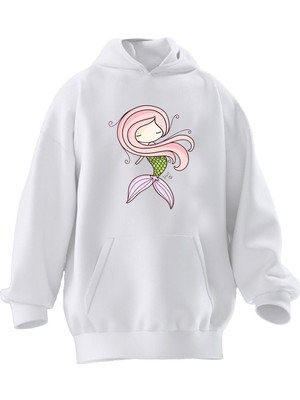 Nmg Tekstil Unisex Premium Pamuk Beyaz  Pembe Saçlı Deniz Kızı Baskılı 3 Iplik Kapüşonlu Sweatshirt