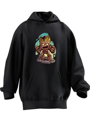 Nmg Tekstil Unisex Premium Pamuk Siyah  Ağaç Adam Kızgın Baskılı 3 Iplik Kapüşonlu Sweatshirt