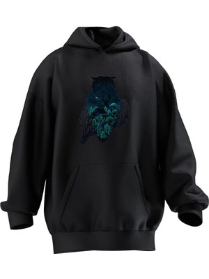 Nmg Tekstil Unisex Premium Pamuk Siyah  Daldaki Baykuş Baskılı 3 Iplik Kapüşonlu Sweatshirt