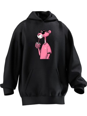 Nmg Tekstil Unisex Premium Pamuk Siyah  Pink Latte Pembe Panter Baskılı 3 Iplik Kapüşonlu Sweatshirt