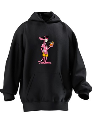 Nmg Tekstil Unisex Premium Pamuk Siyah  Portakal Pembe Panter Baskılı 3 Iplik Kapüşonlu Sweatshirt