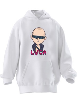 Nmg Tekstil Unisex Premium Pamuk Beyaz  Luca Baskılı 3 Iplik Kapüşonlu Sweatshirt
