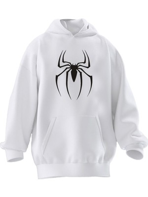 Nmg Tekstil Unisex Premium Pamuk Beyaz  Örümcek Çizim Baskılı 3 Iplik Kapüşonlu Sweatshirt