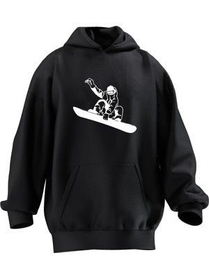 Nmg Tekstil Unisex Premium Pamuk Siyah Snowboard Adam Kıyafet Baskılı 3 Iplik Kapüşonlu Sweatshirt