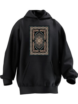 Nmg Tekstil Unisex Premium Pamuk Siyah  Iran Halısı Baskılı 3 Iplik Kapüşonlu Sweatshirt