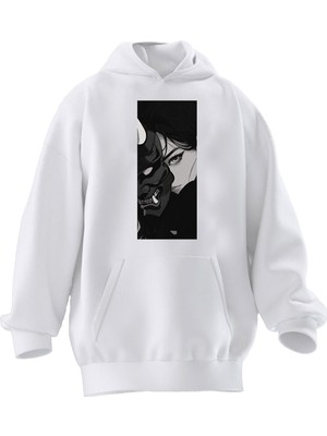 Nmg Tekstil Unisex Premium Pamuk Beyaz  Maskeli Anime Kız Baskılı 3 Iplik Kapüşonlu Sweatshirt