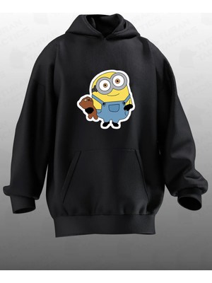 Nmg Tekstil Unisex Premium Pamuk Siyah  Minyon Baskılı 3 Iplik Kapüşonlu Sweatshirt