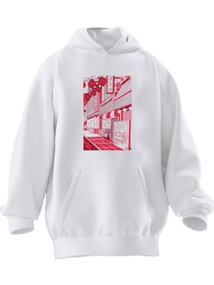 Nmg Tekstil Unisex Premium Pamuk Beyaz  Japon Sokak Görsel Baskılı 3 Iplik Kapüşonlu Sweatshirt