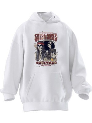 Nmg Tekstil Unisex Premium Pamuk Beyaz  Guns Roses Poster Baskılı 3 Iplik Kapüşonlu Sweatshirt
