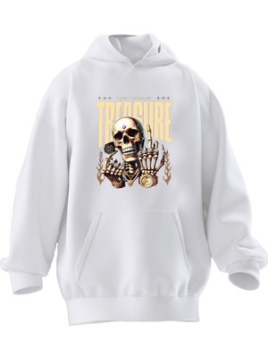 Nmg Tekstil Unisex Premium Pamuk Beyaz Treasure Baskılı 3 Iplik Kapüşonlu Sweatshirt
