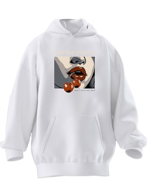 Nmg Tekstil Unisex Premium Pamuk Beyaz  Hide The Kiraz Dudak Baskılı 3 Iplik Kapüşonlu Sweatshirt