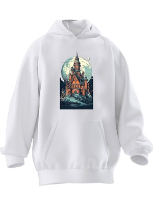 Nmg Tekstil Unisex Premium Pamuk Beyaz Şato Dolunay Baskılı 3 Iplik Kapüşonlu Sweatshirt