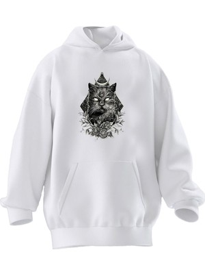 Nmg Tekstil Unisex Premium Pamuk Beyaz  Illiminuati Cat Baskılı 3 Iplik Kapüşonlu Sweatshirt