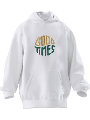 Nmg Tekstil Unisex Premium Pamuk Beyaz  Good Times Baskılı 3 Iplik Kapüşonlu Sweatshirt