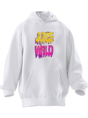 Nmg Tekstil Unisex Premium Pamuk Beyaz  Juice Wrld Baskılı 3 Iplik Kapüşonlu Sweatshirt
