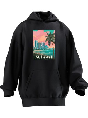 Nmg Tekstil Unisex Premium Pamuk Siyah  Miami Sahil Çizim Baskılı 3 Iplik Kapüşonlu Sweatshirt