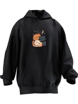 Nmg Tekstil Unisex Premium Pamuk Siyah  Huzurlu Üç Kedi Baskılı 3 Iplik Kapüşonlu Sweatshirt