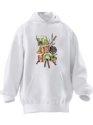 Nmg Tekstil Unisex Premium Pamuk Beyaz  Kaplumbağa Desen Baskılı 3 Iplik Kapüşonlu Sweatshirt