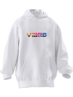Nmg Tekstil Unisex Premium Pamuk Beyaz Vibes Baskılı 3 Iplik Kapüşonlu Sweatshirt