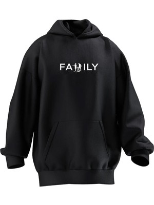 Nmg Tekstil Unisex Premium Pamuk Siyah  Family Baskılı 3 Iplik Kapüşonlu Sweatshirt