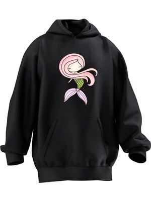 Nmg Tekstil Unisex Premium Pamuk Siyah  Pembe Saçlı Deniz Kızı Baskılı 3 Iplik Kapüşonlu Sweatshirt