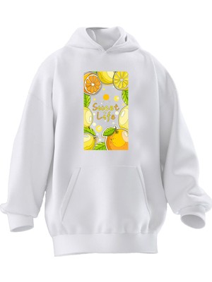 Nmg Tekstil Unisex Premium Pamuk Beyaz  Limon Portakal Baskılı 3 Iplik Kapüşonlu Sweatshirt