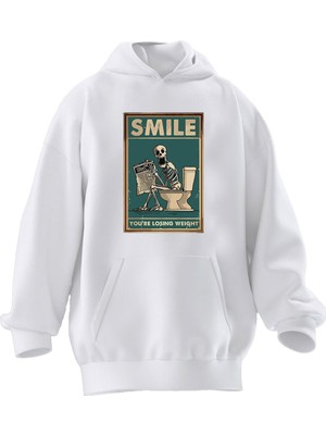 Nmg Tekstil Unisex Premium Pamuk Beyaz Smile Kurukafa Baskılı 3 Iplik Kapüşonlu Sweatshirt