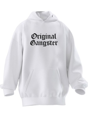 Nmg Tekstil Unisex Premium Pamuk Beyaz  Original Gangstar Baskılı 3 Iplik Kapüşonlu Sweatshirt