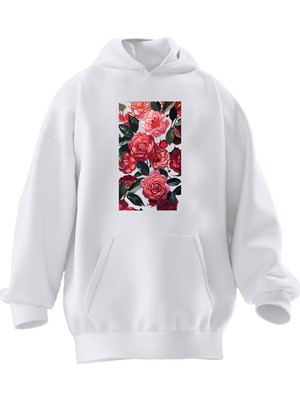 Nmg Tekstil Unisex Premium Pamuk Beyaz  Pembe Kırmızı Çiçek Resim Baskılı 3 Iplik Kapüşonlu Sweatshirt