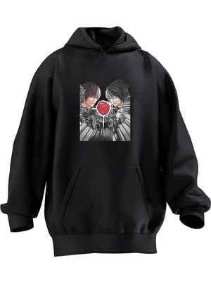 Nmg Tekstil Unisex Premium Pamuk Siyah  Elma Iki Anime Baskılı 3 Iplik Kapüşonlu Sweatshirt
