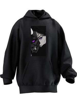 Nmg Tekstil Unisex Premium Pamuk Siyah  Maskeli Kadın Baskılı 3 Iplik Kapüşonlu Sweatshirt