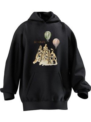 Nmg Tekstil Unisex Premium Pamuk Siyah  Cappadocia Poster Baskılı 3 Iplik Kapüşonlu Sweatshirt