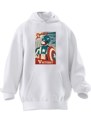 Nmg Tekstil Unisex Premium Pamuk Beyaz Victory Captain Baskılı 3 Iplik Kapüşonlu Sweatshirt