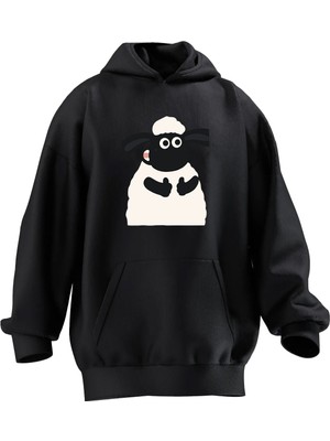 Nmg Tekstil Unisex Premium Pamuk Siyah  Kuzu Desen Çizgi Baskılı 3 Iplik Kapüşonlu Sweatshirt