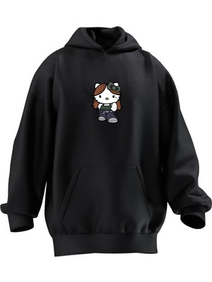 Nmg Tekstil Unisex Premium Pamuk Siyah  Hello Kitty Yeşil Kurdale Baskılı 3 Iplik Kapüşonlu Sweatshirt