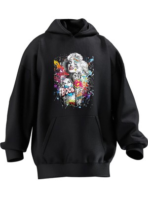 Nmg Tekstil Unisex Premium Pamuk Siyah  Marlyn Renkli Baskılı 3 Iplik Kapüşonlu Sweatshirt