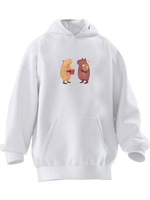 Nmg Tekstil Unisex Premium Pamuk Beyaz  Hamsterlar Baskılı 3 Iplik Kapüşonlu Sweatshirt