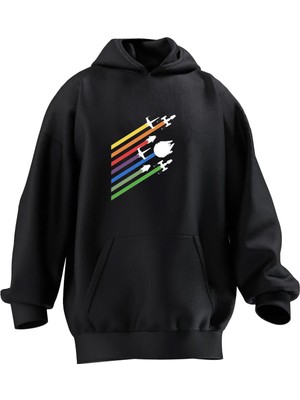 Nmg Tekstil Unisex Premium Pamuk Siyah  Renkli Uçaklar Baskılı 3 Iplik Kapüşonlu Sweatshirt