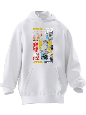 Nmg Tekstil Unisex Premium Pamuk Beyaz Star Desenleri Baskılı 3 Iplik Kapüşonlu Sweatshirt