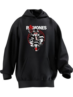 Nmg Tekstil Unisex Premium Pamuk Siyah  Ramones Baskılı 3 Iplik Kapüşonlu Sweatshirt