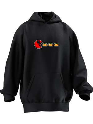 Nmg Tekstil Unisex Premium Pamuk Siyah  Pac Hamburger Baskılı 3 Iplik Kapüşonlu Sweatshirt