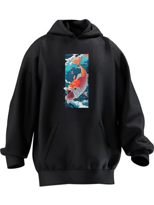 Nmg Tekstil Unisex Premium Pamuk Siyah Turuncu Piranha Baskılı 3 Iplik Kapüşonlu Sweatshirt