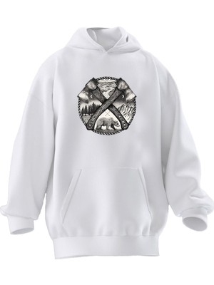 Nmg Tekstil Unisex Premium Pamuk Beyaz  Balta Ayı Kamp Baskılı 3 Iplik Kapüşonlu Sweatshirt