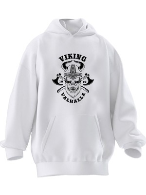 Nmg Tekstil Unisex Premium Pamuk Beyaz Viking Valhalla Balta Baskılı 3 Iplik Kapüşonlu Sweatshirt