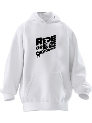 Nmg Tekstil Unisex Premium Pamuk Beyaz  Ride Moto Baskılı 3 Iplik Kapüşonlu Sweatshirt
